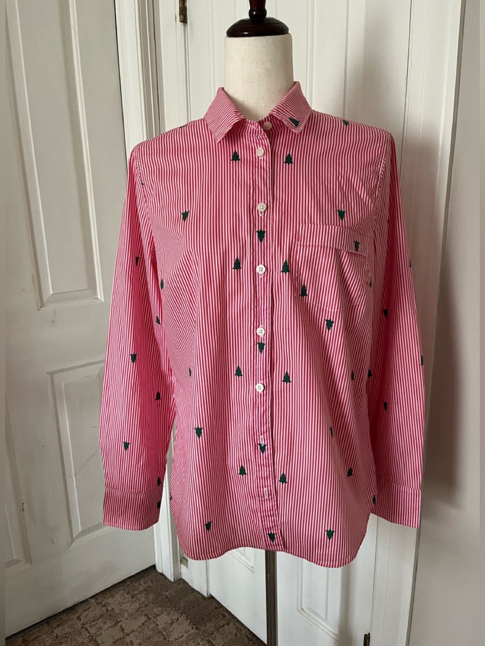 J. Crew Factory Striped Button-Down with Green Christmas Tree Motifs